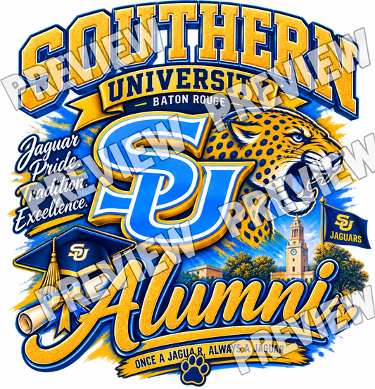 SU ALUMNI ON LIGHT BLUE T-SHIRT
